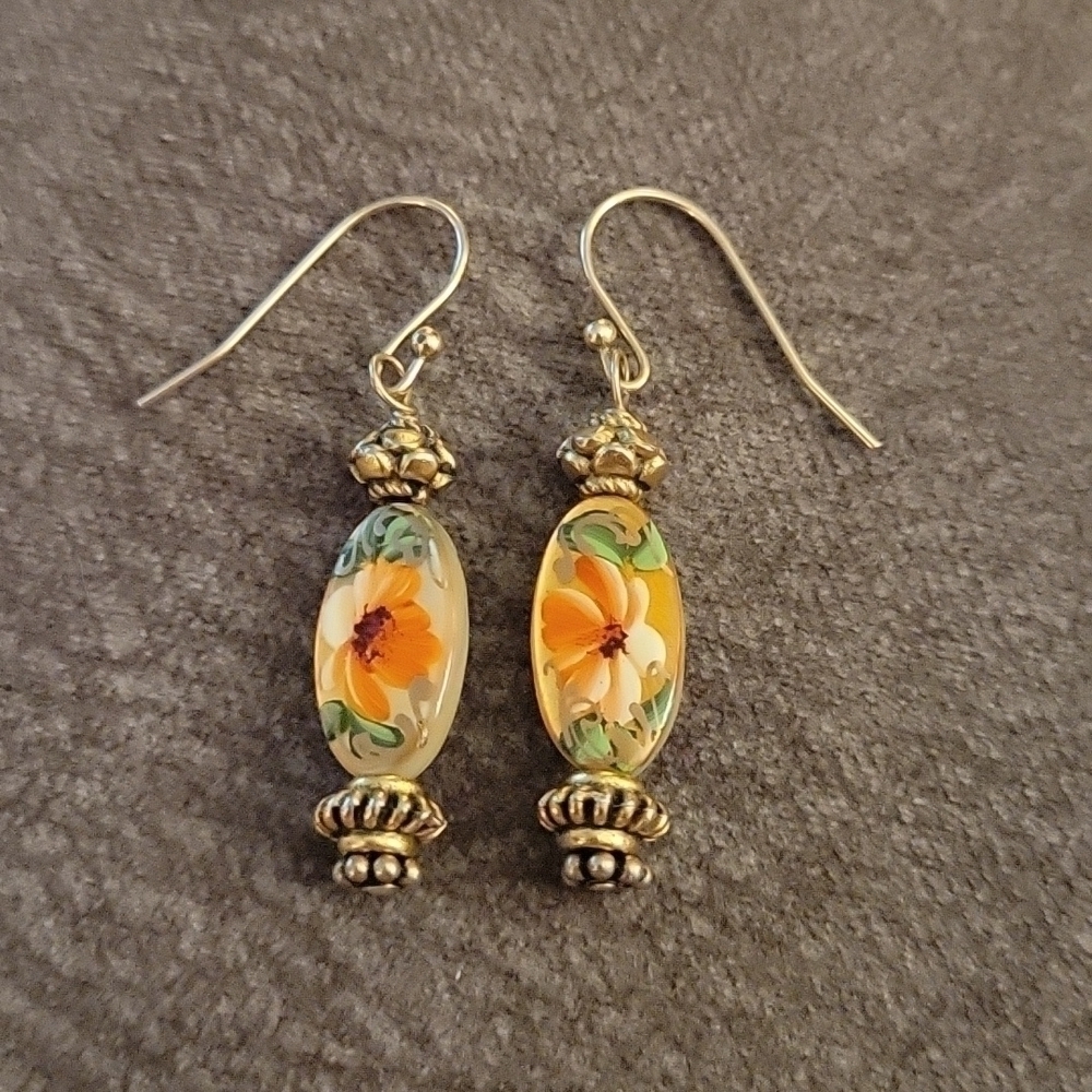 HANDMADE Romantic Handpainted Floral Beaded Dangle Hook Earrings - Picture 2 of 4